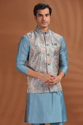 Aqua Blue Silk Kurta Pajama with Printed Jacket